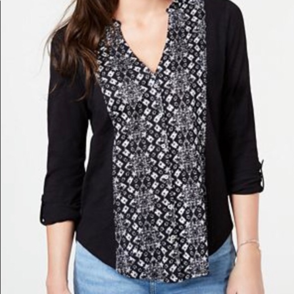 lucky brand ☘️ black cotton batik-print blouse